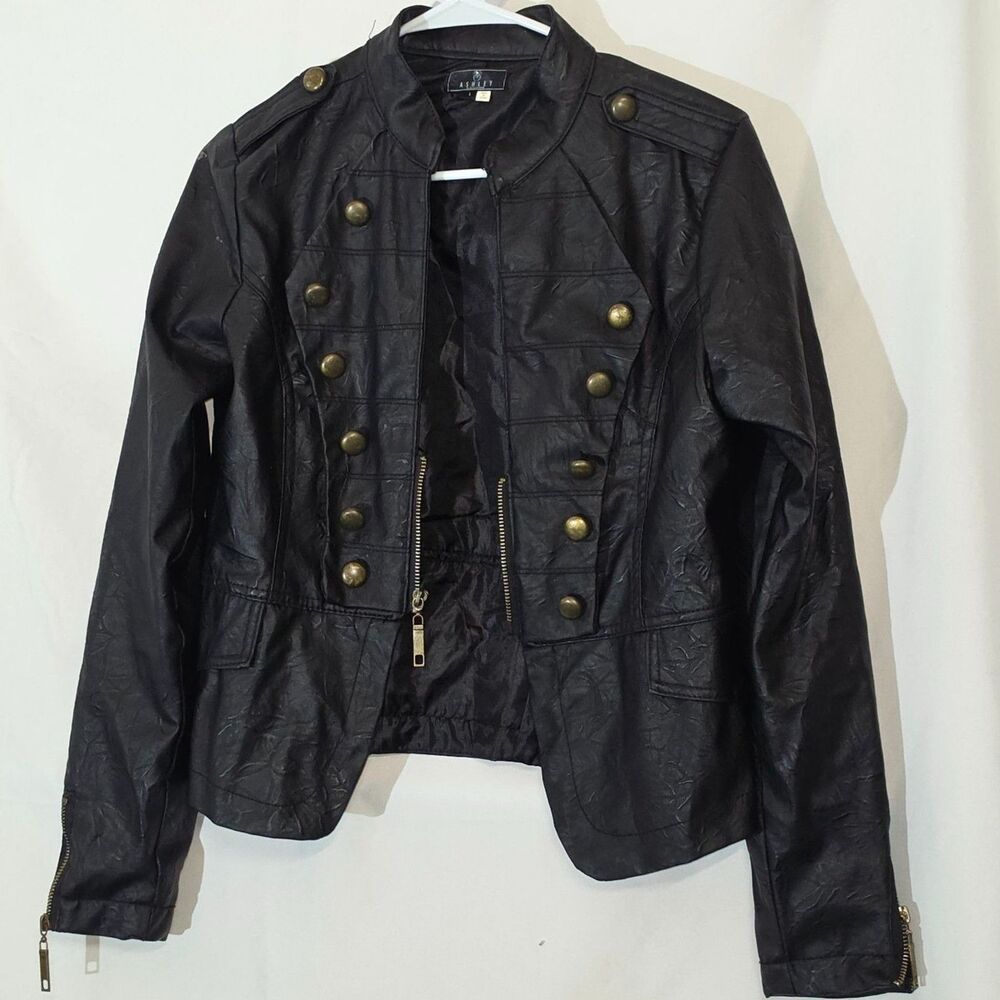 Ashley Military Band Jacket Faux Leather Peplum Steampunk Goth Black Womens L